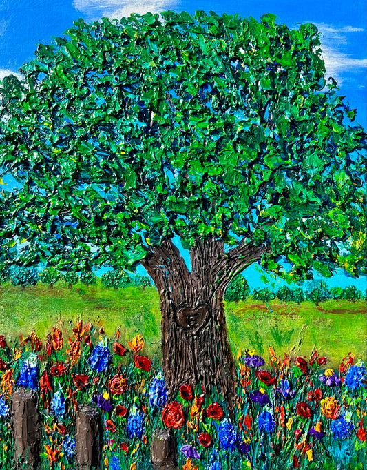 Commission painting of a live oak tree in a Texas pasture, surrounded by wildflowers.